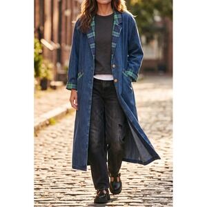 Vintage 90s Denim Duster Jacket Medium ID Blues Plaid Trim Long Jean Trench Coat